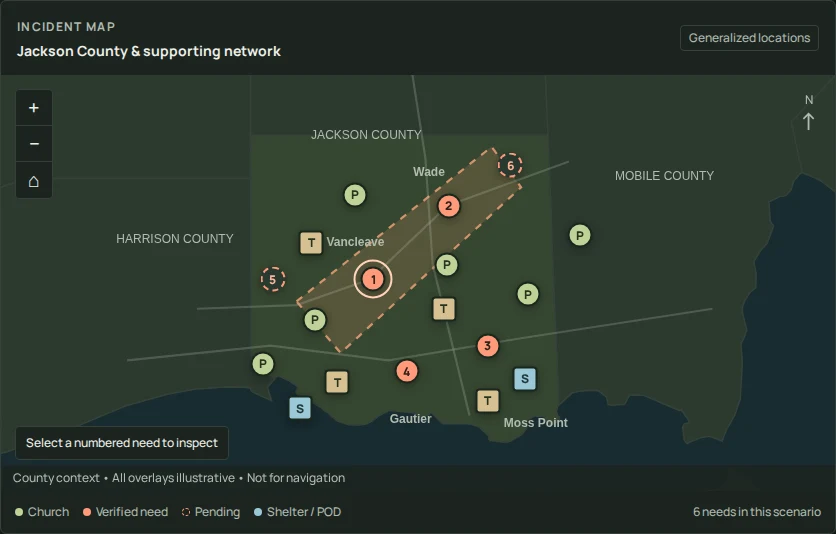 CORD common operating picture showing an example county map, partner churches and needs.