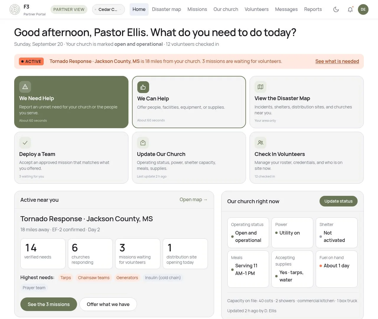 CORD partner view for a church during a tornado response: active needs nearby, buttons to report a need or offer help, missions waiting for volunteers and the church's current status.
