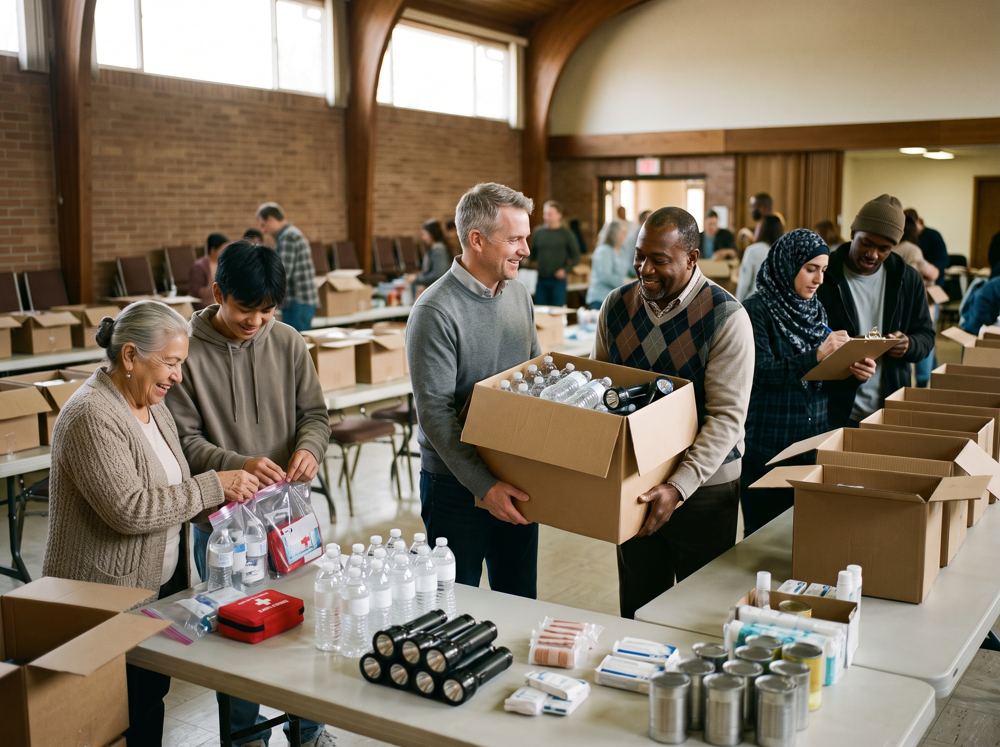 Members of different congregations pack emergency kits together in a fellowship hall.