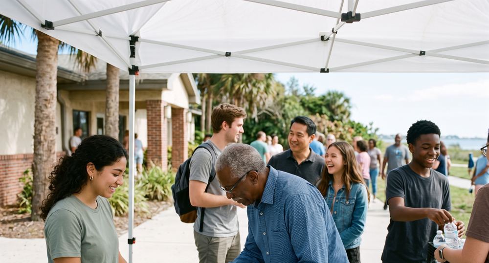 A volunteer helps an older neighbor sign up at a community tent while others wait and chat.