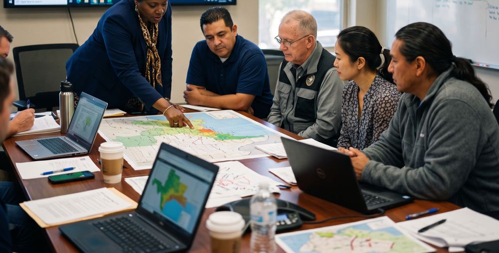 Church, county and nonprofit leaders of many backgrounds plan around maps in an emergency operations room.