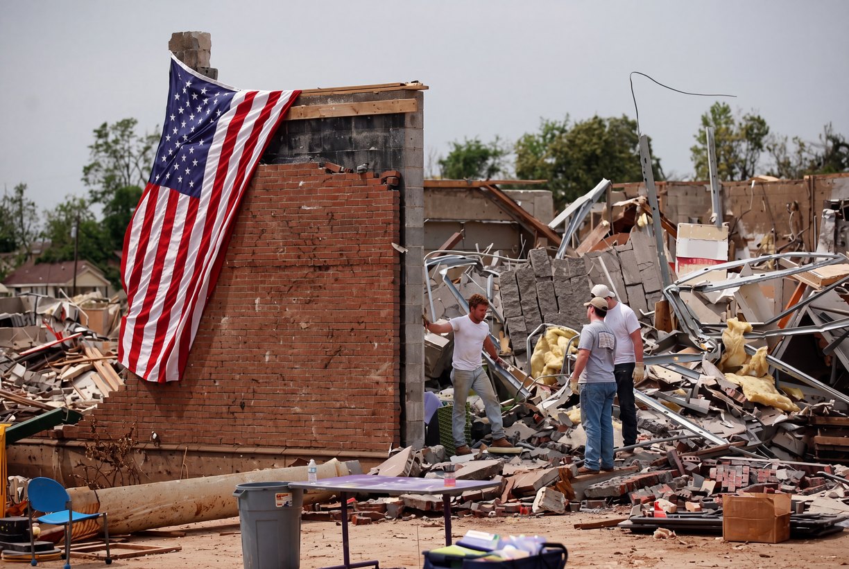 An American flag hangs from a broken brick wall while neighbors dig through what is left of their town after a tornado.