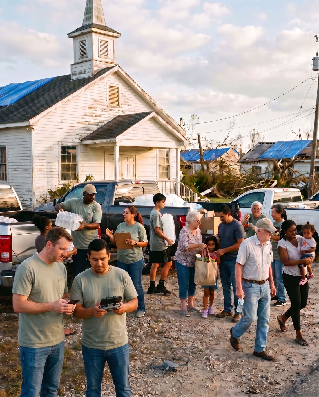 Neighbors of many backgrounds hand out water and supplies outside a storm-damaged country church while two volunteers on their phones get a drone ready to launch.