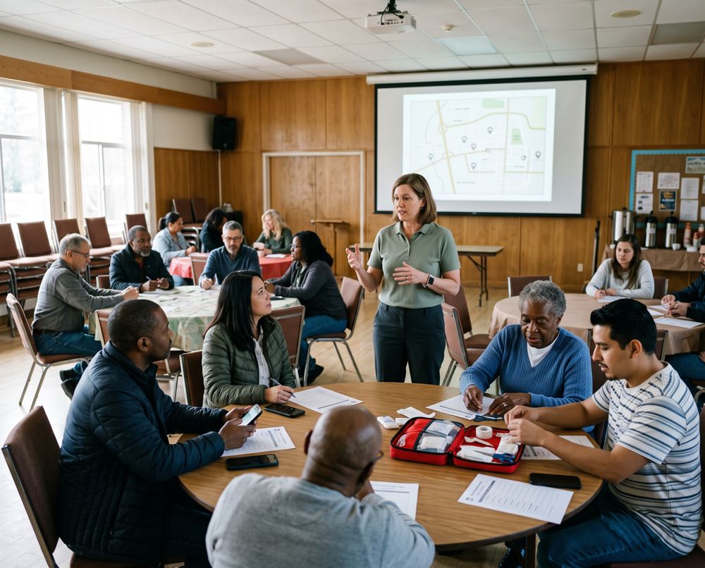 Neighbors of many backgrounds at a volunteer training class, practicing with checklists and a first aid kit.