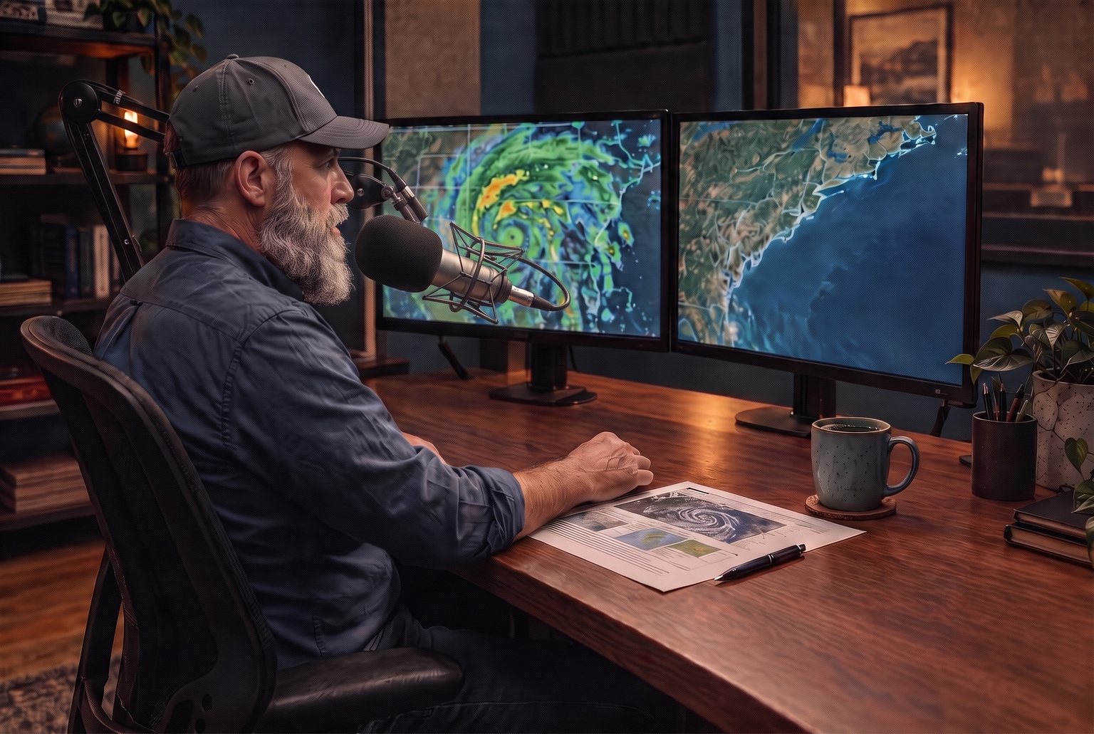 Gregg Phillips at the F3 studio desk, speaking into a studio microphone while studying hurricane radar on two monitors.